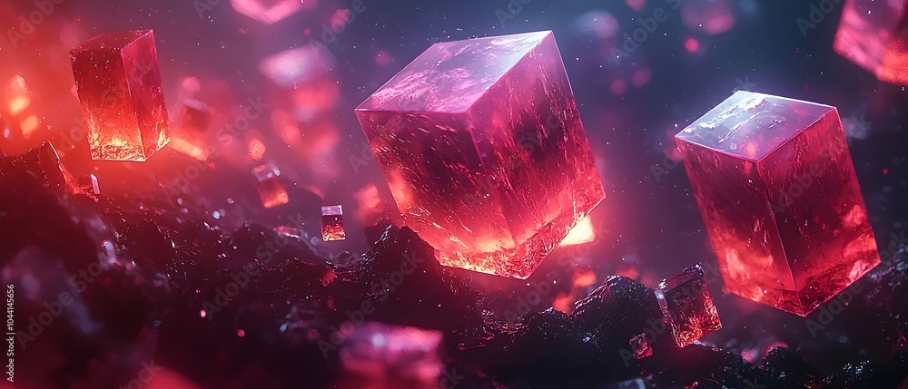 Poster a mesmerizing scene featuring floating red crystalline cubes illuminated by a surreal glow, set agai