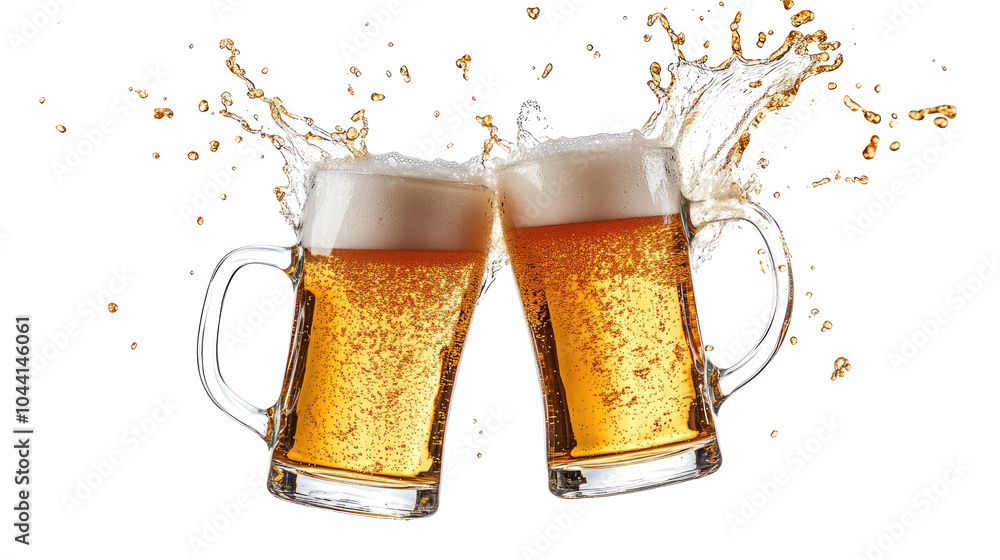 Poster two beer mugs toasting with splashes on a transparent background generative ai