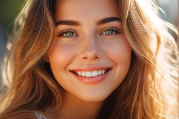 Fototapeta premium Close-up portrait of a young woman with radiant eyes and a bright smile, exuding warmth and natural beauty. Generative AI