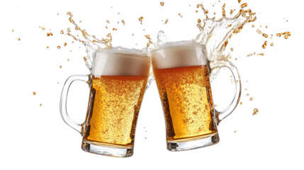 Two Beer Mugs Toasting With Splashes on a Transparent Background Generative AI
