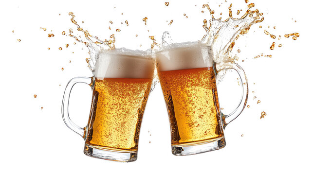 Two Beer Mugs Toasting With Splashes on a Transparent Background Generative AI