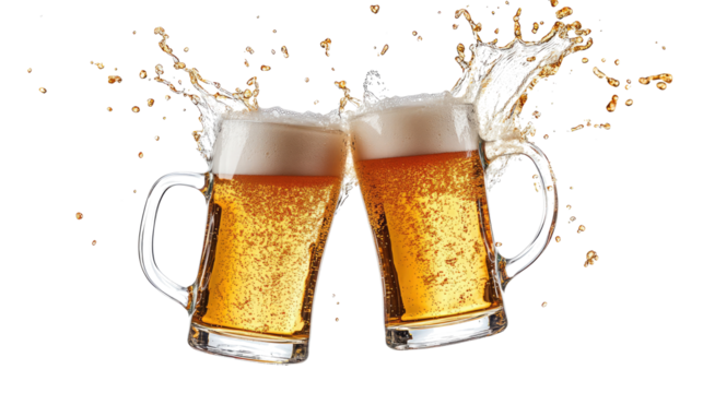 Two Beer Mugs Toasting With Splashes on a Transparent Background Generative AI
