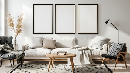 Modern Interior of Stylish Living Room ,Wall Mock Up, Frame , Poster with Beautiful Background, 3d render