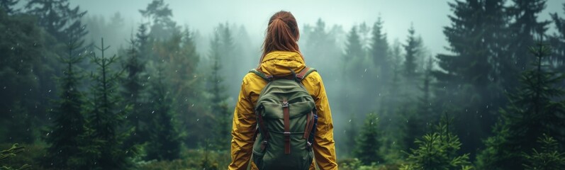 Woman with a backpack standing in the rain, banner, copy space