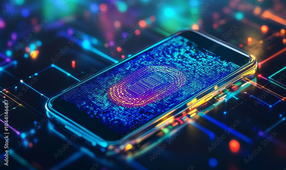 Poster cybersecurity of personal data safety, mobile smartphone using biometric finger print and two-factor