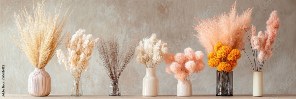 Poster Dried flowers in soft hues arranged in vases create a charming, tranquil atmosphere in a stylish apartment setting. Generative AI