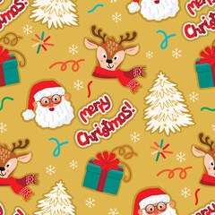 Cartoon seamless pattern with Santa Claus and reindeer heads.Funny background with cute characters ,Christmas tree,gift and handwritten.Flat color vector design for printing on fabric and paper.