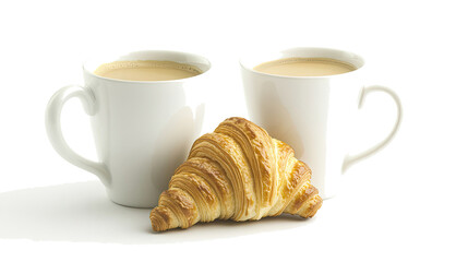 Two White Coffee Cups With Fresh Croissants on a Clean Surface Generative AI