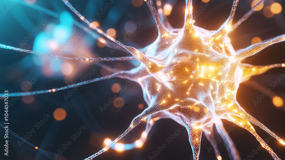 Poster a close-up of a neural network node shows intricate connections and bright light patterns illustrati