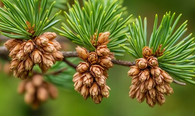 Dried brown buds and vibrant green needles close up on a fir tree with shallow depth of field highlighting texture and color contrast