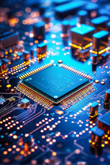 Obraz premium Close-up view of a high-tech electronic circuit board with glowing components, highlighting advanced technology and digital connections. Generative AI