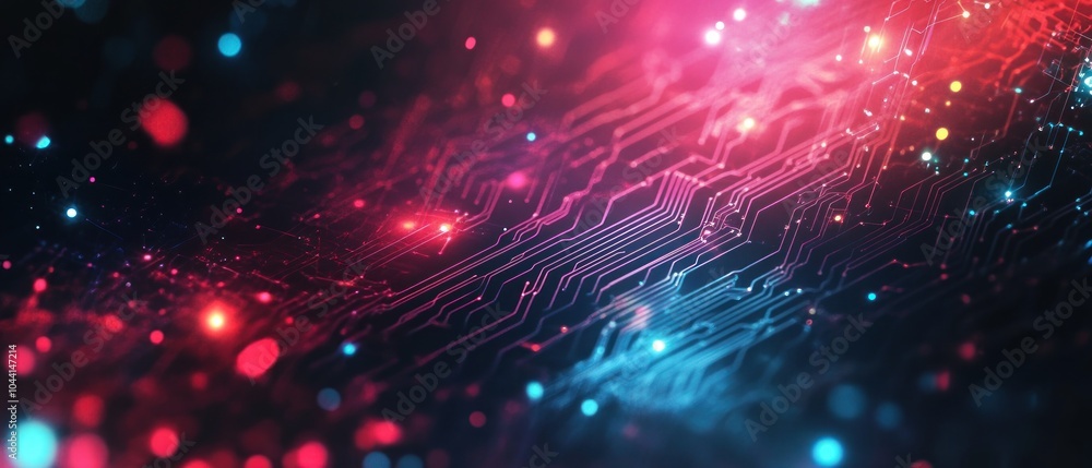 Poster abstract digital circuit design with vibrant colors and glowing elements.