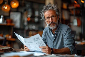 Exploring creativity a thoughtful man engaged in artistic pursuit with papers in a cozy workspace