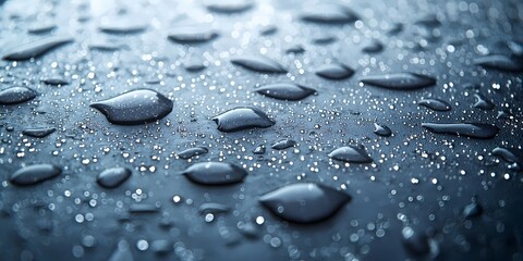 Close-up of shimmering water droplets on a smooth dark surface, showcasing a sense of freshness and tranquility with a soft gradient lighting effect.