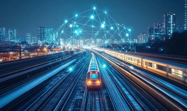 elevated railroad and train, wireless communication network, abstract image visual