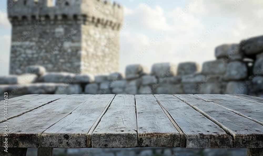 Poster empty old table in front of ancient knight stone tower. useful for product display montage