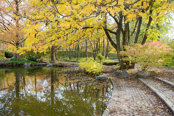 autumnal park landscape munich Westpark, pond surrounded by colorful trees