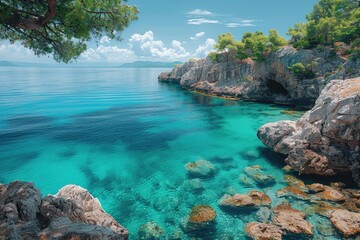 Obraz premium Breathtaking coastal serenity a crystal-clear view of tranquil waters and lush greenery by the shoreline