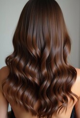 Fototapeta premium A person with long, wavy brown hair is turned away, showcasing the beautiful waves and shine. Neutral background that highlights hair texture. Hair care, the effect of cosmetics Generative AI
