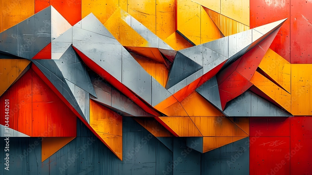 Poster vibrant abstract geometric shapes in red, orange, and gray create a dynamic and energetic compositio
