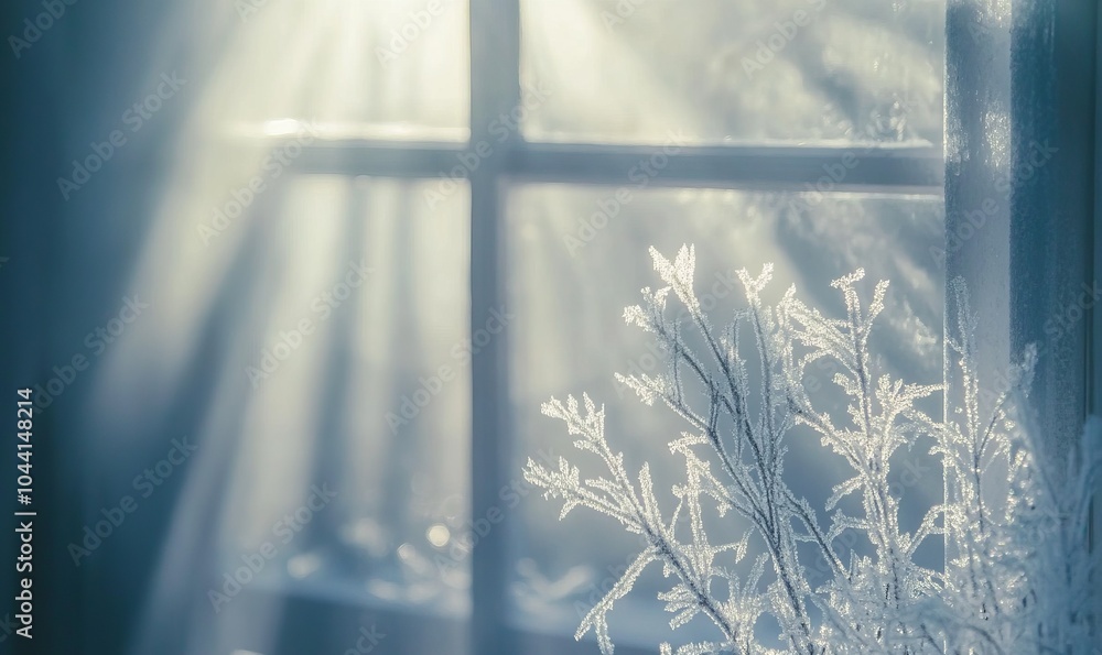 Poster frost-covered window with a foggy, diffused light shining through, creating a textured, ethereal eff