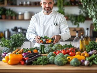 Fototapeta premium Ein Koch bereitet in der Küche frische und gesunde Speisen vor, Vegetarische Küche im vegetarischen Restaurant