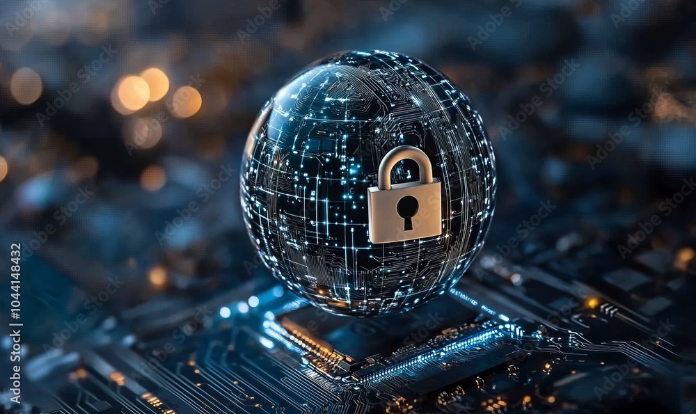 Poster globe with digital padlock over circuit board, dark background. concept of global cybersecurity and 