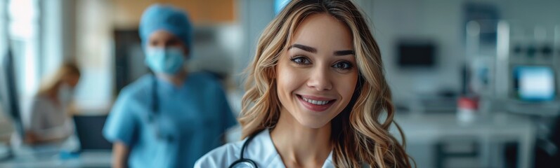 Naklejka premium Smiling female doctor in scrubs and face mask standing in hospital, banner, copy space