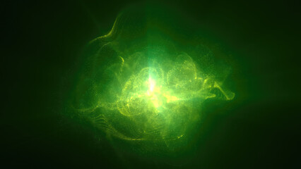 A glowing green sphere energy pulse set against a dark background, representing growth, renewal, and futuristic energy. Suitable for themes involving sustainability or technology