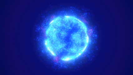 A glowing blue energy sphere with dynamic textures and swirling patterns, emitting a futuristic and cosmic aura technology space sci-fi
