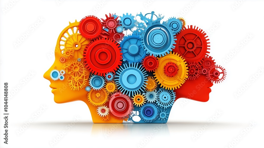 Poster two heads made of colorful gears, symbolizing the connection between human intelligence, creativity,