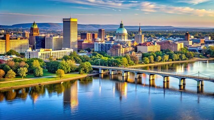 Fototapeta premium Scenic view of Harrisburg Capital building with Susquehanna River in foreground
