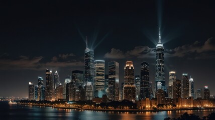 Obraz premium A panoramic view of a modern cityscape at night, with skyscrapers illuminated by bright lights.