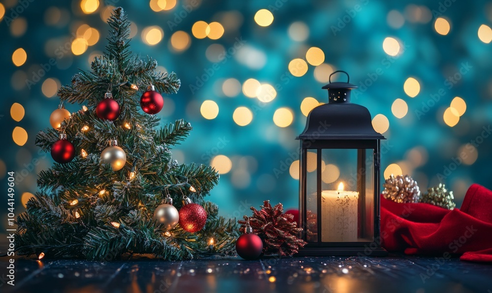 Poster Lantern And Christmas Tree Glowing On Table With Decoration And String Lights - Bokeh And Glittering Effect On Background