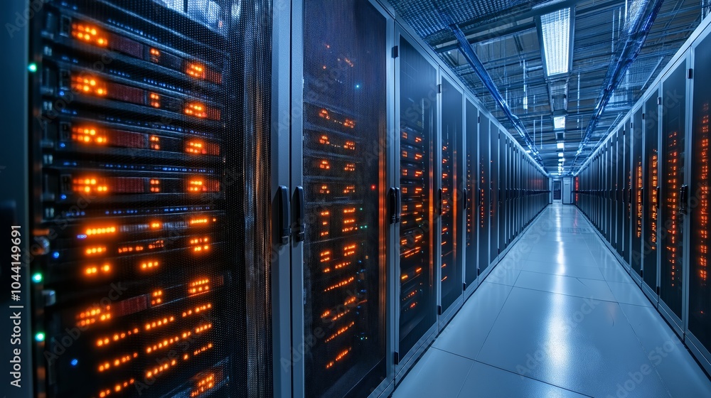 Poster A man standing in a futuristic data center surrounded by glowing blue server racks, symbolizing modern IT infrastructure and secure data management, Generative Ai