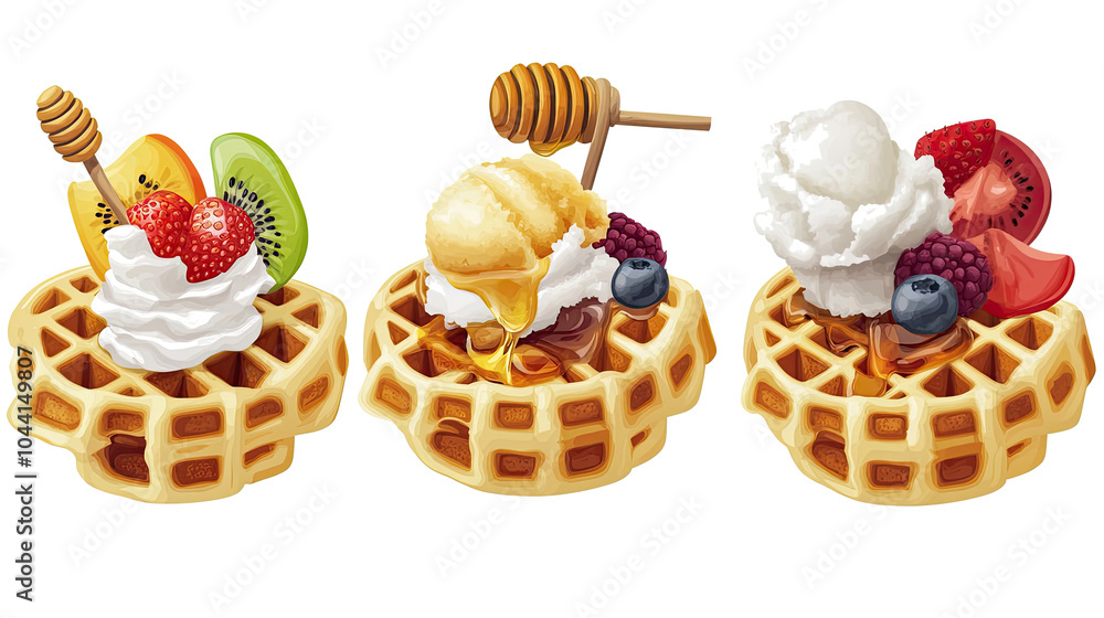 Poster vanilla waffles with cream fruit and syrup toppings generative ai