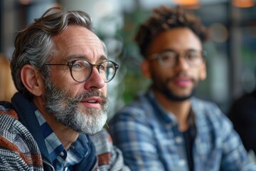 Inspiring conversations exploring generational perspectives between two men in a modern café setting