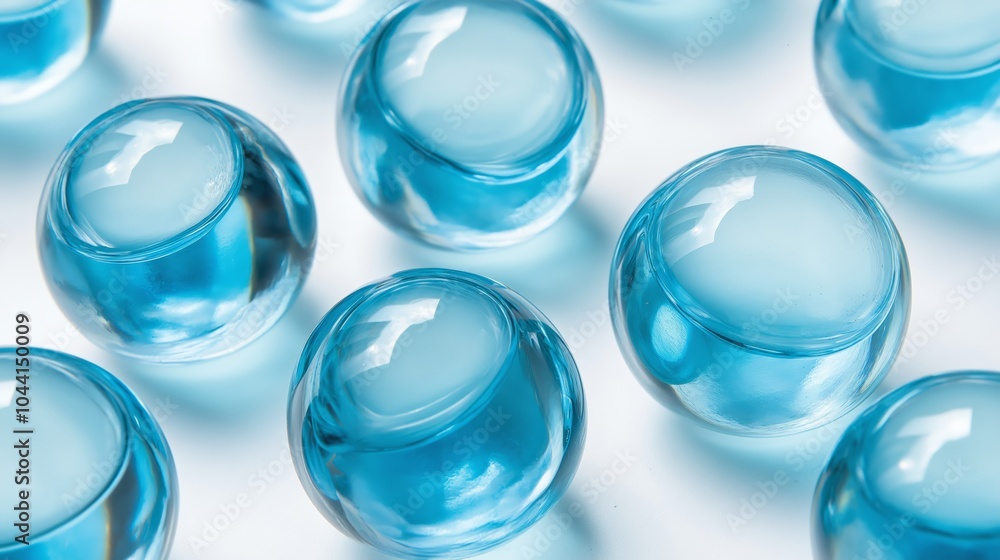 Poster multiple transparent blue spheres on a white surface, showcasing symmetry, clarity, and a modern min