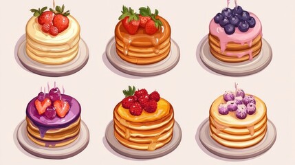 Variety of homemade American pancakes with fruits and syrup.
