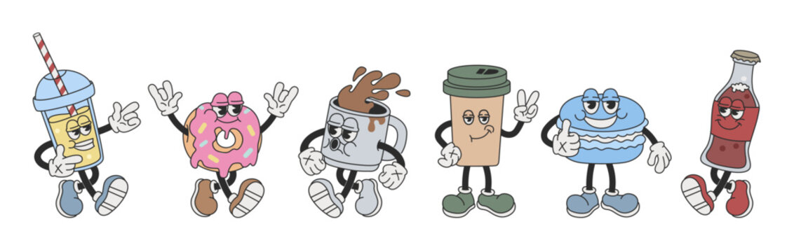 Funny set of cartoon groovy characters from cafe, drinks, desserts in 30s style: soda, takeaway coffee, donut, macaroon, coffee in a mug. Groovy cartoon characters, cafe, drinks and desserts. Vector.