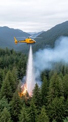 A helicopter hovers above a raging forest fire as flames engulf the trees and smoke billows into the sky