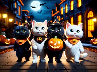 3D Illustration of Adorable Cats Wearing Halloween Costumes, in a Spooky Halloween Night Background.