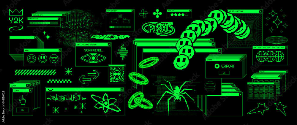 Fototapete old pc system, aesthetic retro os ui in y2k style with glitch, pixel elements, geometric shapes, pix