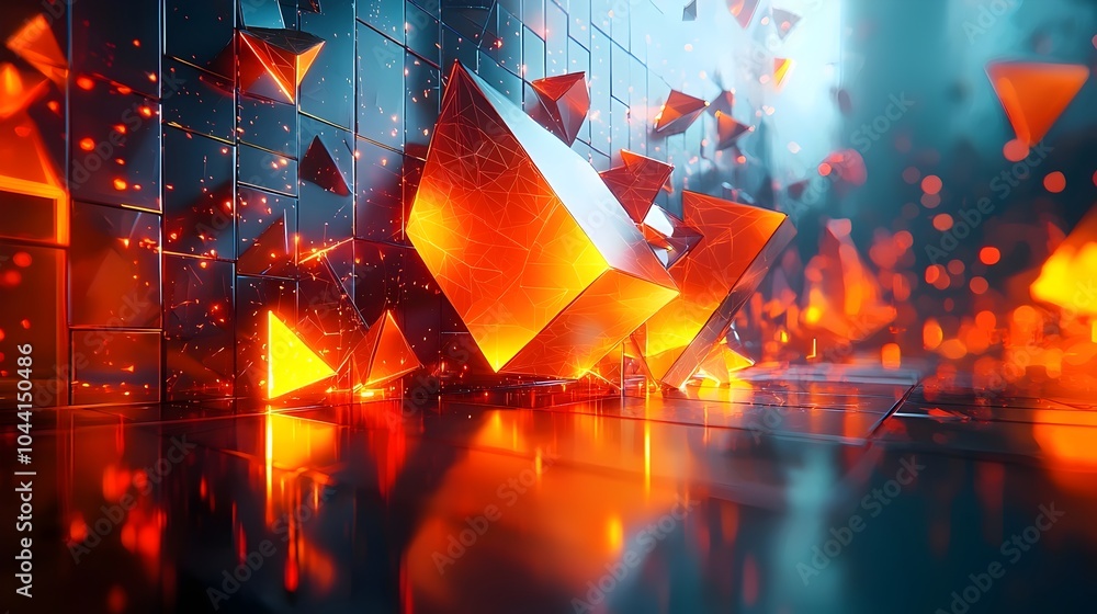Poster an abstract digital art scene featuring glowing orange geometric shapes breaking through a reflectiv