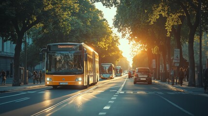 Obraz premium An orange city bus traveling down a tree-lined street during sunset, capturing the essence of urban life and daily public transportation, Generative Ai