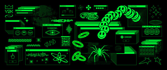 Old PC system, aesthetic retro os UI in y2k style with glitch, pixel elements, geometric shapes, pixel art. Old computer user interface, retro ui from 90s - 00s. Y2K retro PC screens. Vector graphic