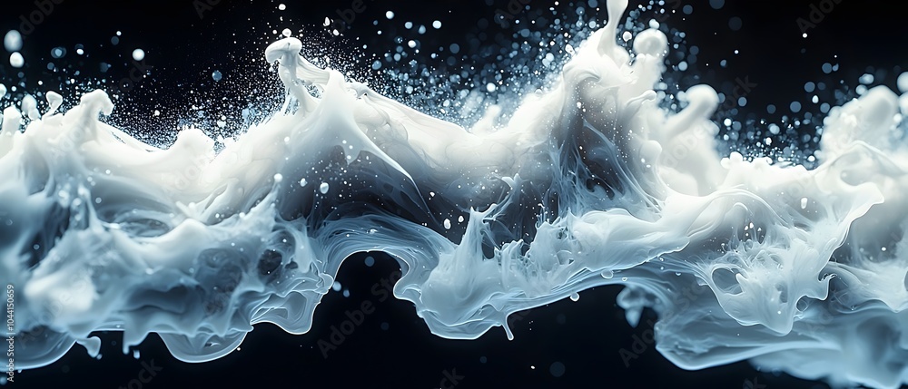 Poster an abstract image of white and blue liquid splashes against a dark backdrop, creating a dynamic and 