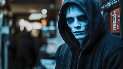 Obraz premium Finance Meets Culture: The Blue-Skinned Man at the Artistic ATM Locale