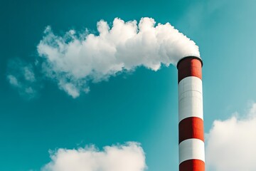 Minimalistic image of high chimney releasing steam at a waste to energy facility under clear sky, banner