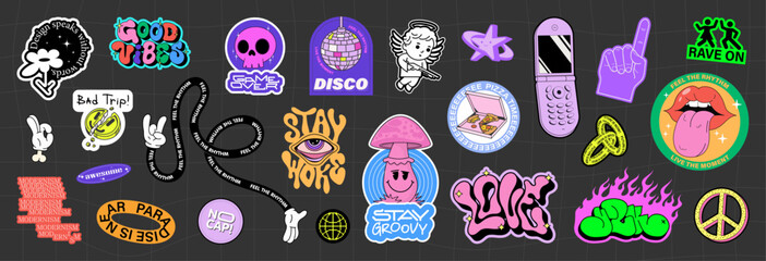 Stylish retro vibe stickers. Сharacters, lettering, patches, groove slogan, graffiti on fashion stickers. Cartoon graphic box, y2k and groovy vibe, acid, psychedelic, trippy, retro rave. Vector set